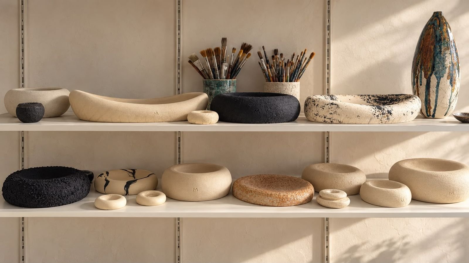 Studio shelves with ivory, black and marbled ceramic vessels and jars of brushes