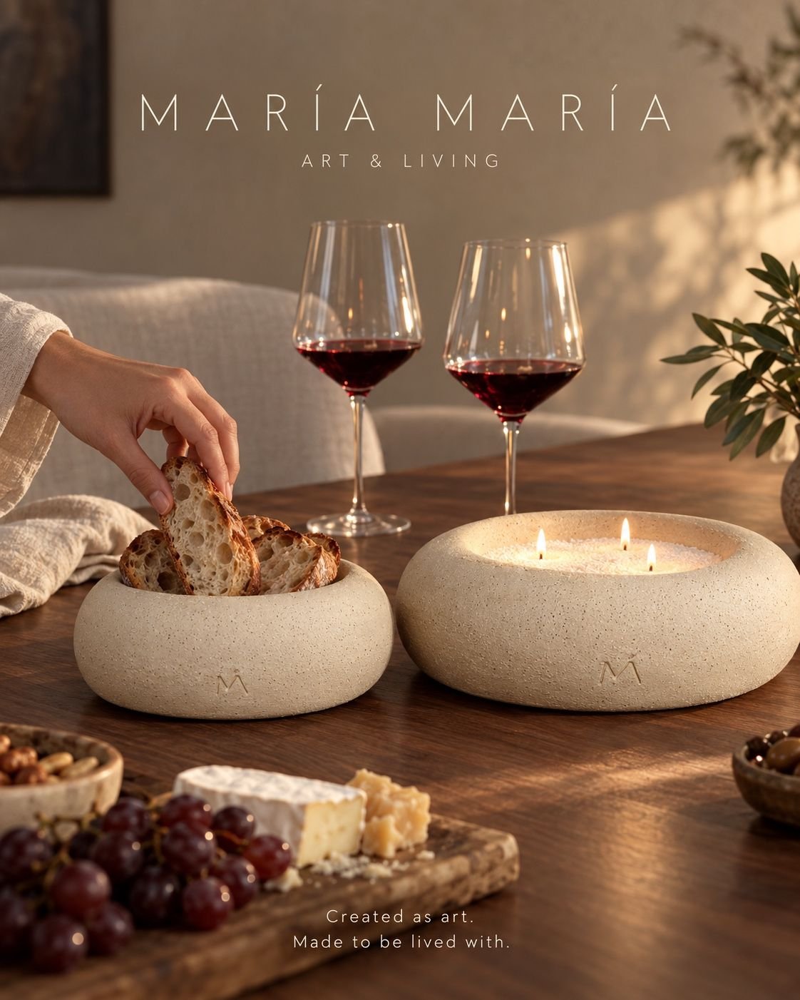 Two ivory ceramic vessels on a dinner table with red wine, bread, cheese and grapes